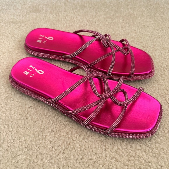 Mix No. 6 Shoes - Mix No. 6 Womens 9M Metallic Fuchsia Rhinestone Strappy Square Toe Slide Sandals